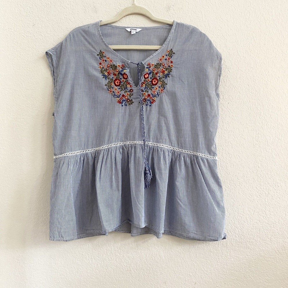 Sonoma Goods 4 Life Blue Striped Embroidered Sleeveless 100% Cotton Top Sz L